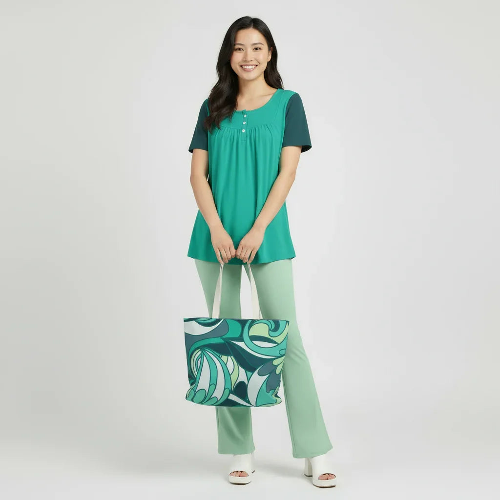 Mima Two-Tone Scoop Neck Pleated Tunic Top