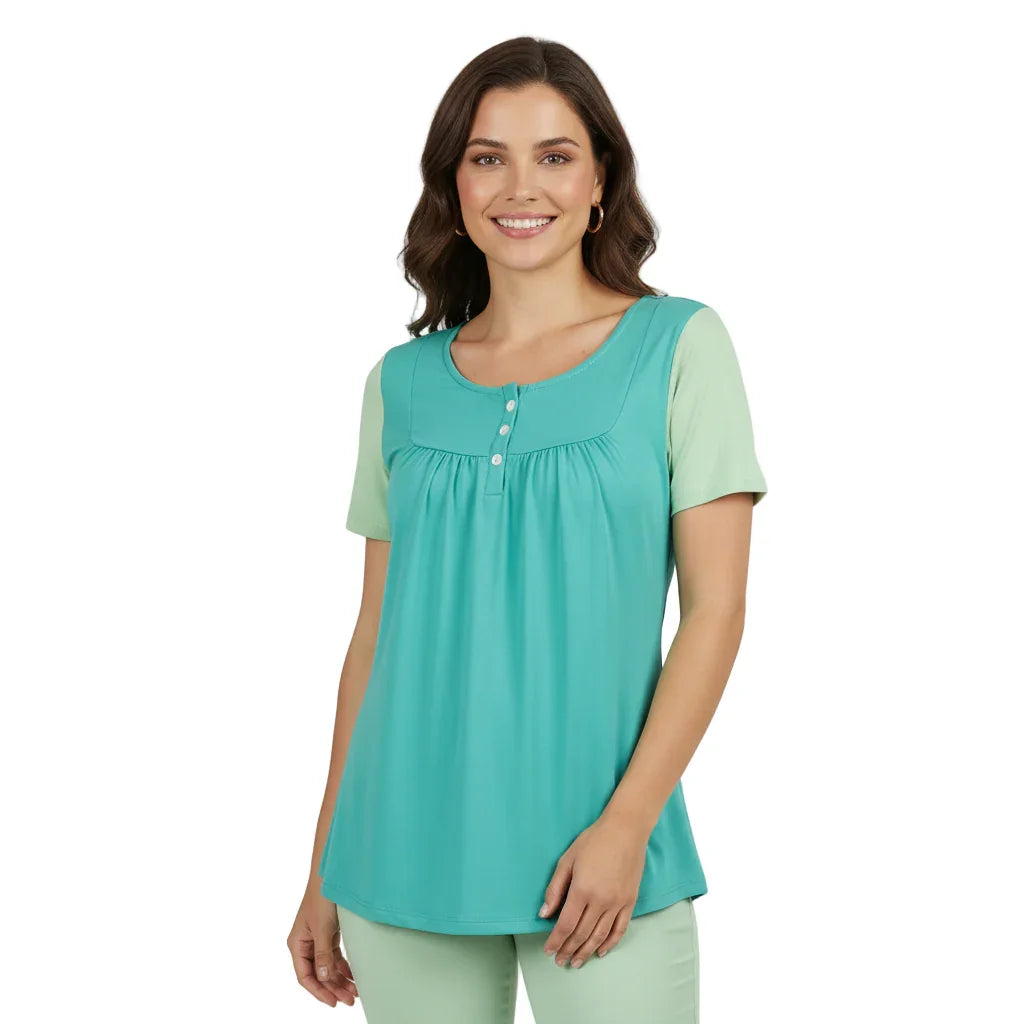 Women's Mima casual tunic top with short sleeves, pleated hem, scoop neck, and button detail – stylish and comfortable - contrast two tone blue green - Blissfully Brand