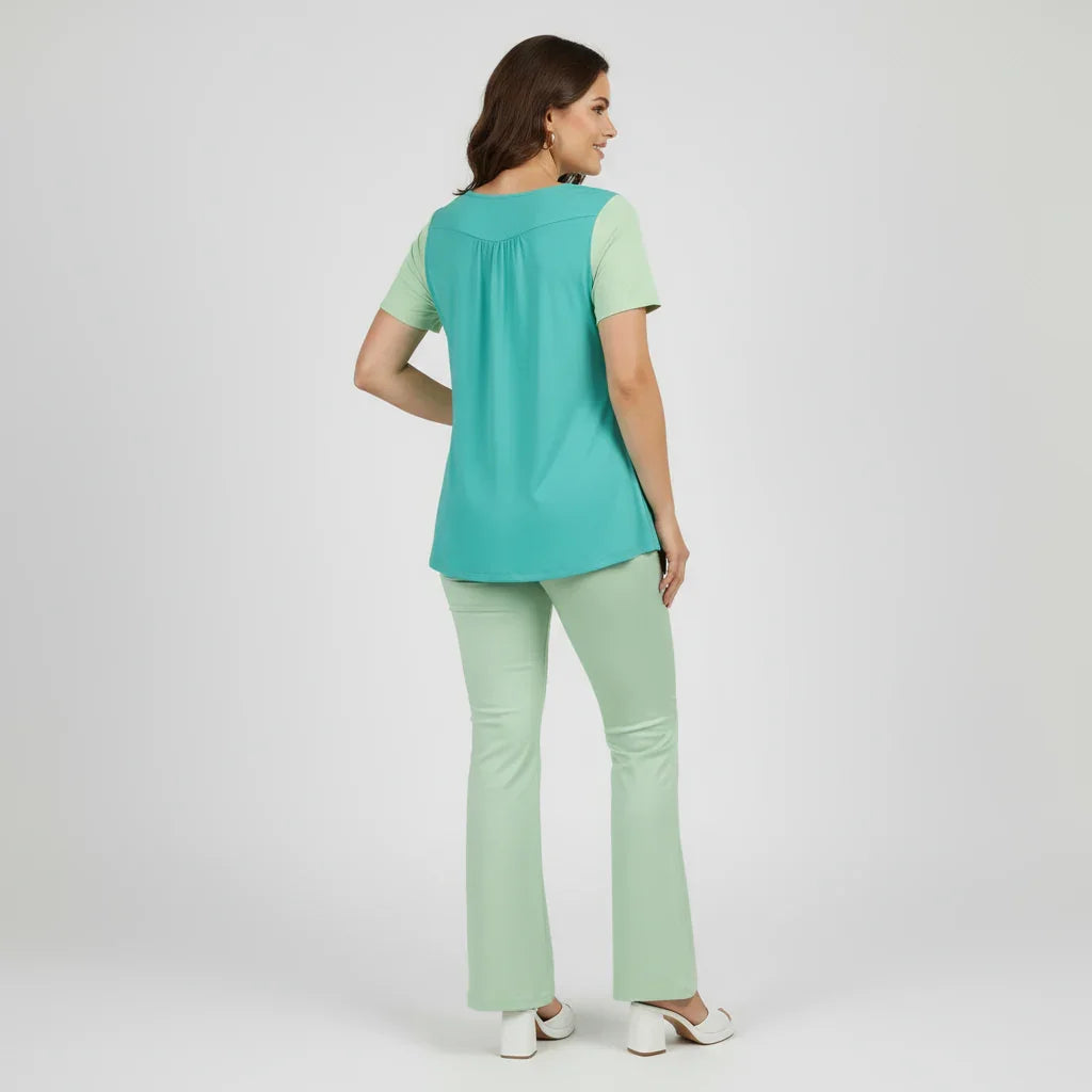 Mima Two-Tone Scoop Neck Pleated Tunic Top