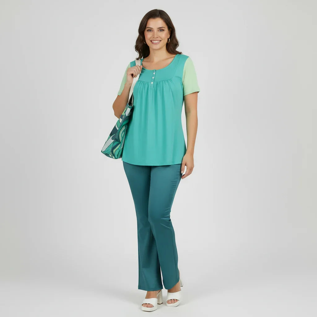 Mima Two-Tone Scoop Neck Pleated Tunic Top