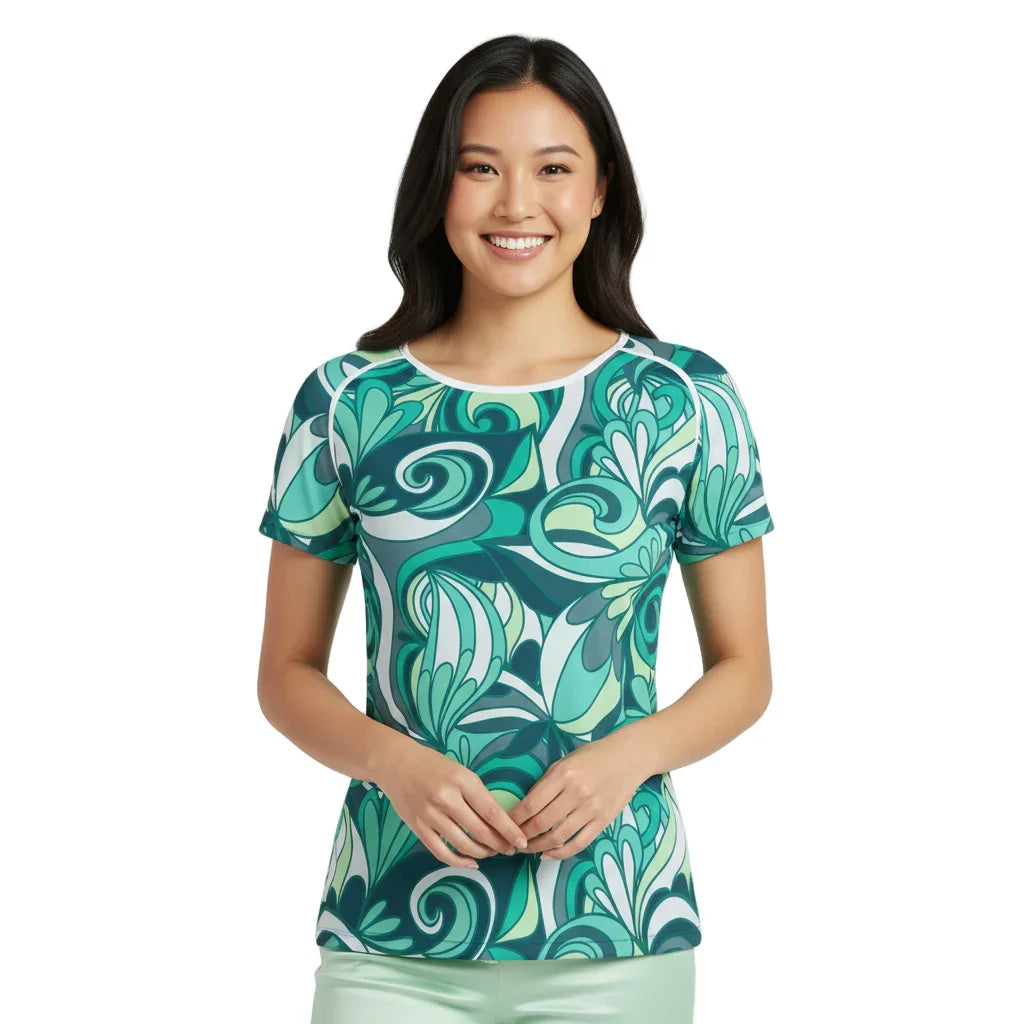 Women's short sleeve teal and green swirl floral pattern top, stylish and comfortable Mima Series Top for casual retro chic - Summer top - Blissfully Brand