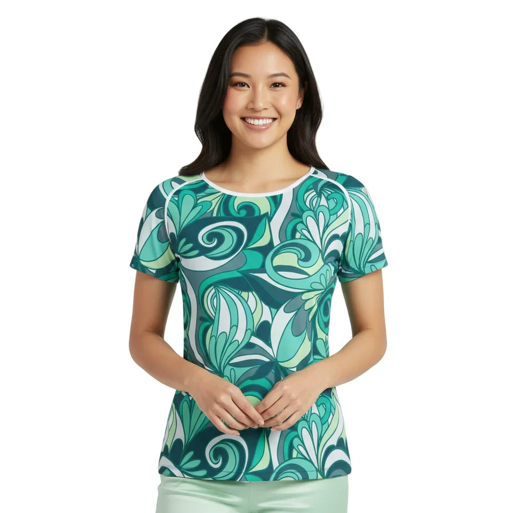 Women's short sleeve teal and green swirl floral pattern top, stylish and comfortable Mima Series Top for casual retro chic - Summer top - Blissfully Brand