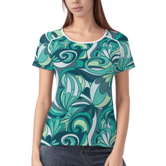 Women's short sleeve teal and green swirl floral pattern top, stylish and comfortable Mima Series Top for casual retro chic - Summer top - Blissfully Brand