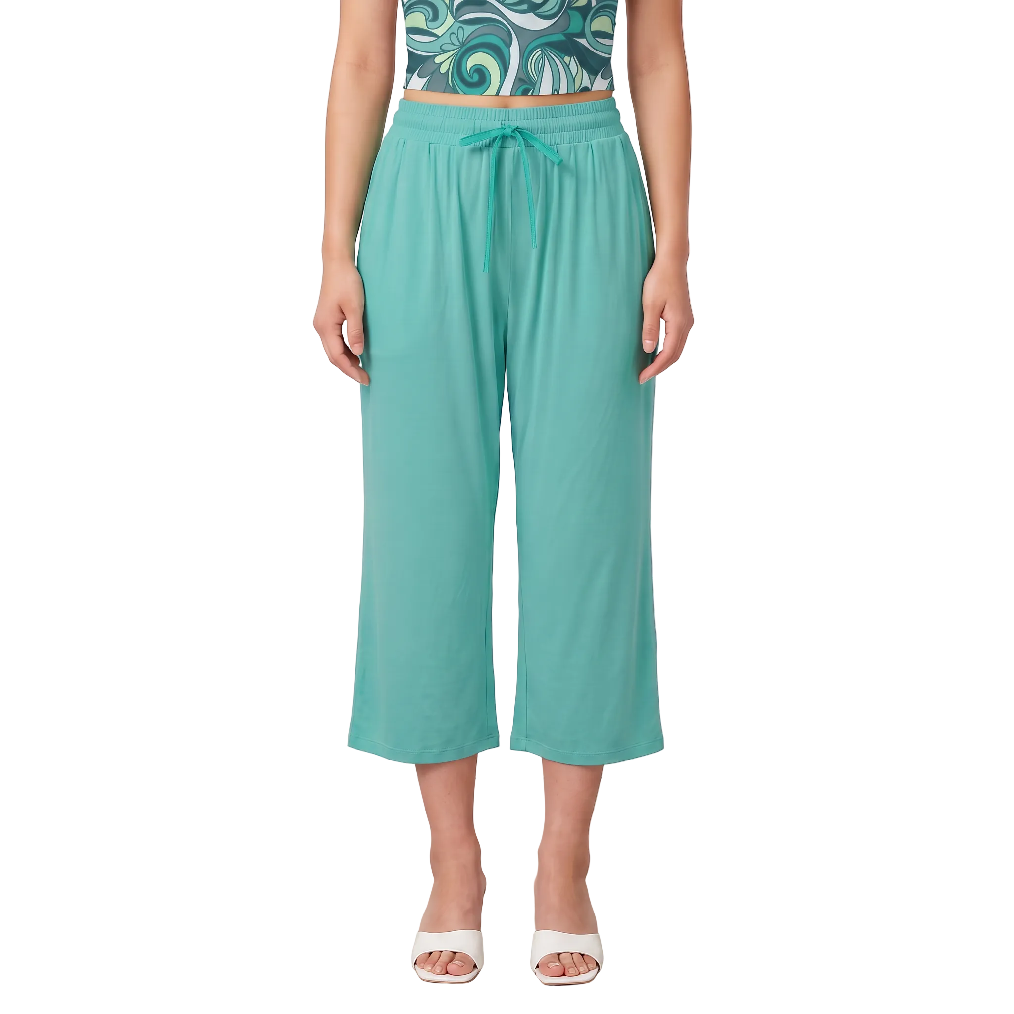 Woman wearing Puerto Rico Green wide-leg capri pants with Persian Green drawstring tie and Mima print tube top - Blissfully Brand Solid Series