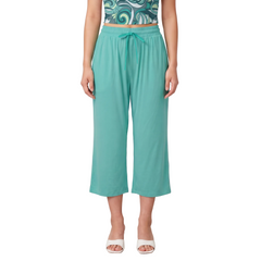 Woman wearing Puerto Rico Green wide-leg capri pants with Persian Green drawstring tie and Mima print tube top - Blissfully Brand Solid Series