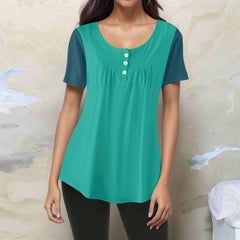 Mima Two-Tone Scoop Neck Pleated Tunic Top