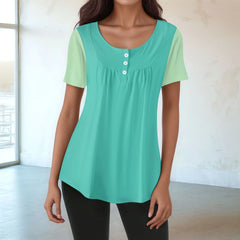 Mima Two-Tone Scoop Neck Pleated Tunic Top