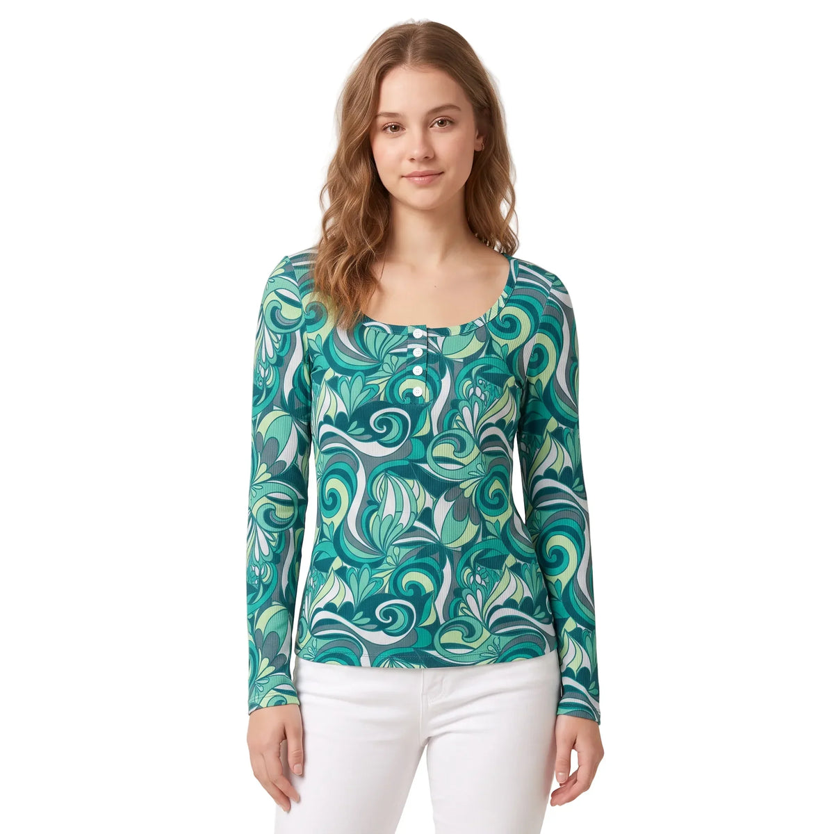Women’s Mimas print long sleeve Henley top with teal and seafoam swirl leaf retro pattern, rib knit stretch fabric, button placket, fitted flattering cut - Blissfully Brand