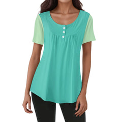 Women's Mima casual tunic top with short sleeves, pleated hem, scoop neck, and button detail – stylish and comfortable - contrast two tone blue green - Blissfully Brand