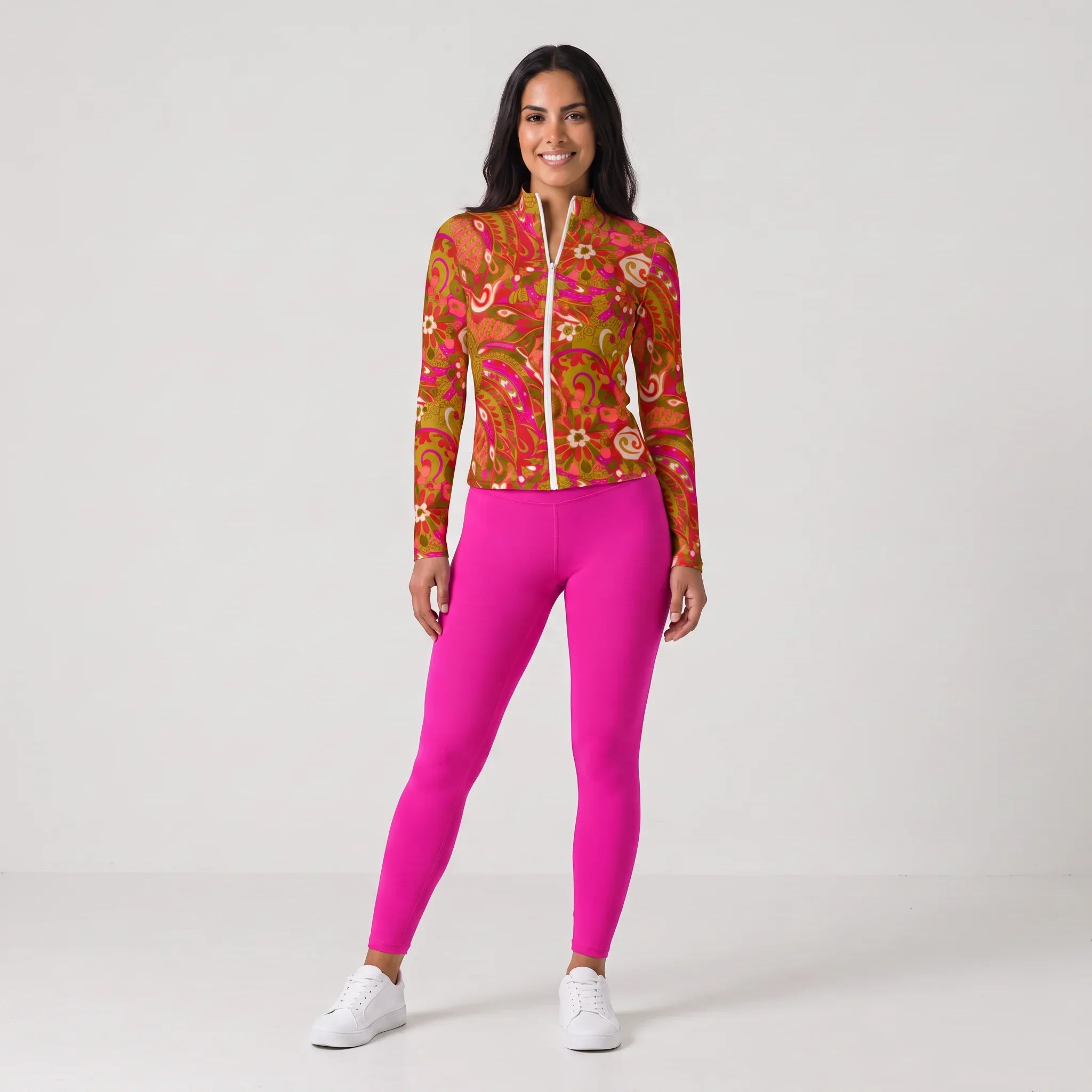 Woman wearing dark rose pink high-waisted tummy control leggings with matching Mina print full-zip long sleeve top, Blissfully Brand activewear