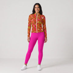 Woman wearing dark rose pink high-waisted tummy control leggings with matching Mina print full-zip long sleeve top, Blissfully Brand activewear