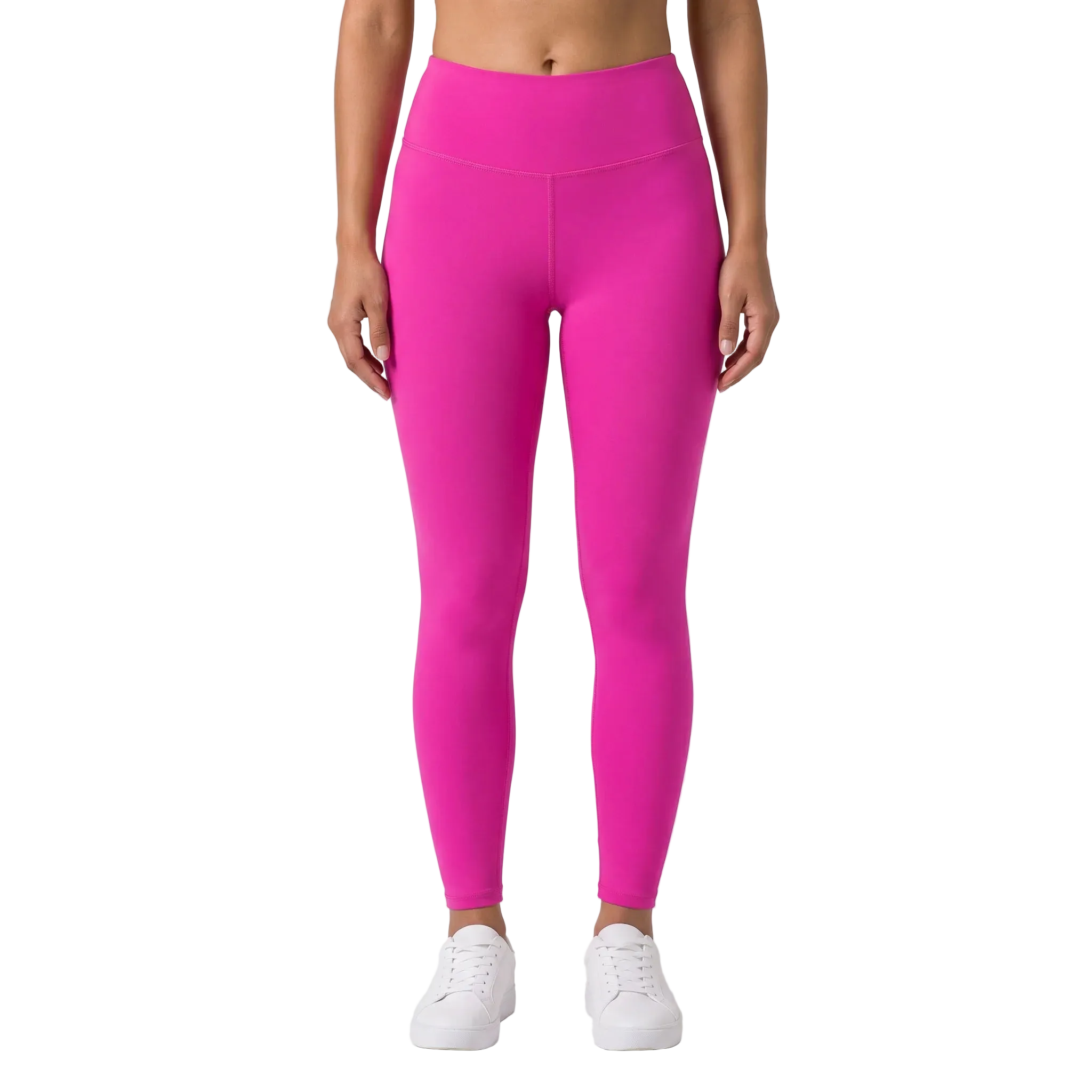 Woman wearing dark rose pink high-waisted tummy control leggings, Blissfully Brand activewear