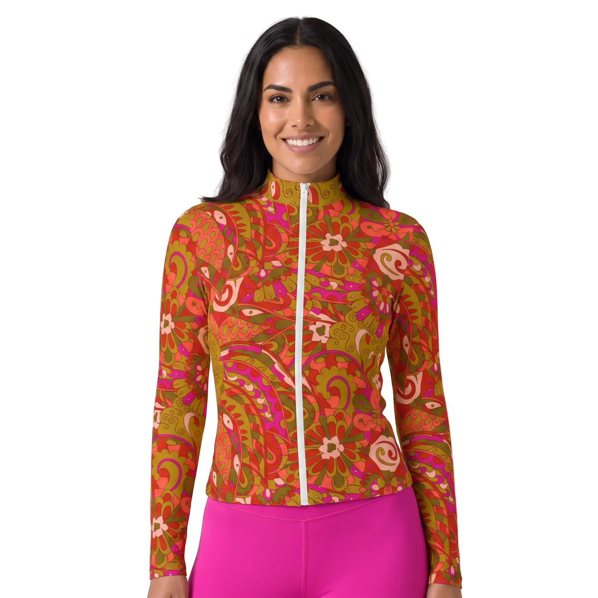 Woman wearing Mina print zip-up long sleeve retro paisley floral top with stand collar and Dark Rose Pink high-waisted leggings, Blissfully Brand activewear