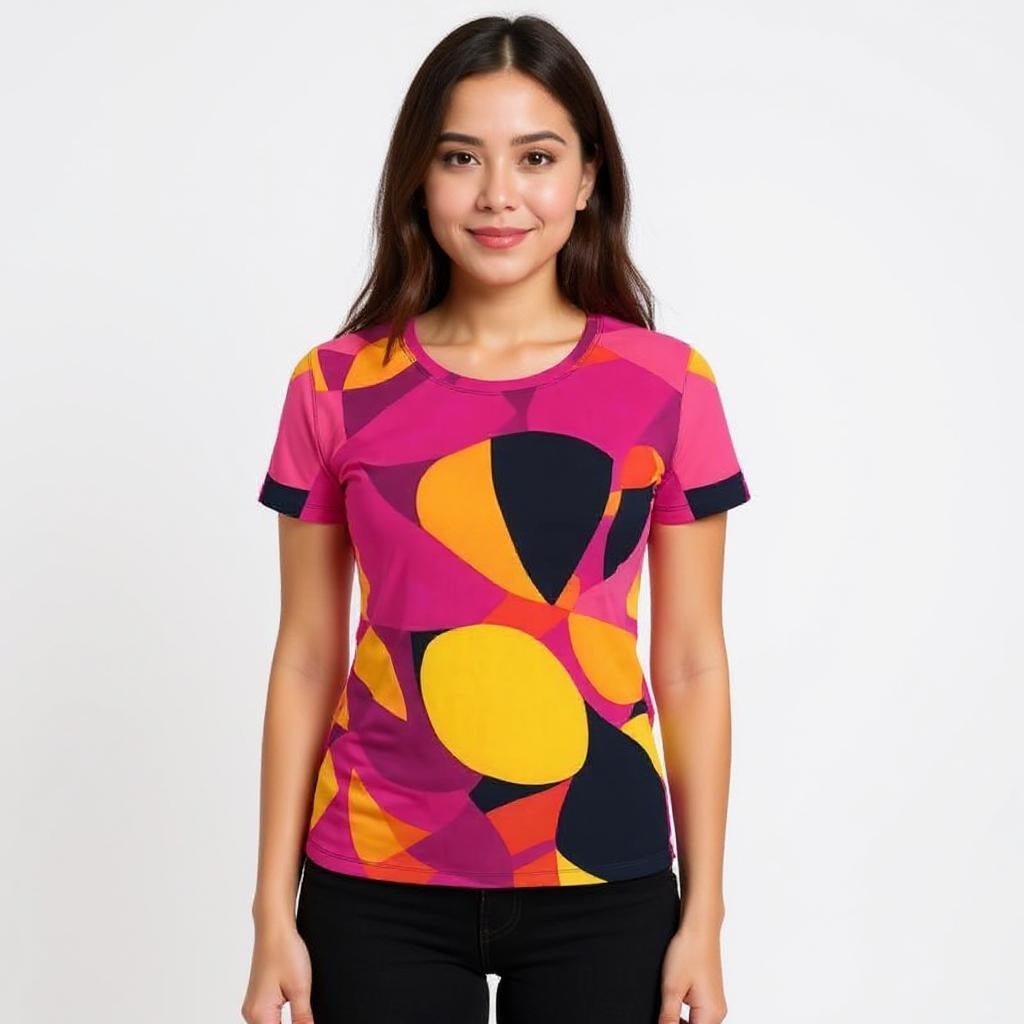 Airline Series Women's Tee - Geometric Abstract Print - Multicolor Pink Yellow Orange - Bold Funky Retro Vibrant Artistic Short Sleeve Crewneck - Plus Sizes Psychedelic 70's pop art Tshirt