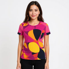 Airline Series Women's Tee - Geometric Abstract Print - Multicolor Pink Yellow Orange - Bold Funky Retro Vibrant Artistic Short Sleeve Crewneck - Plus Sizes Psychedelic 70's pop art Tshirt