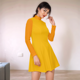 Munich Velour Color Block Long Sleeve Flare Dress