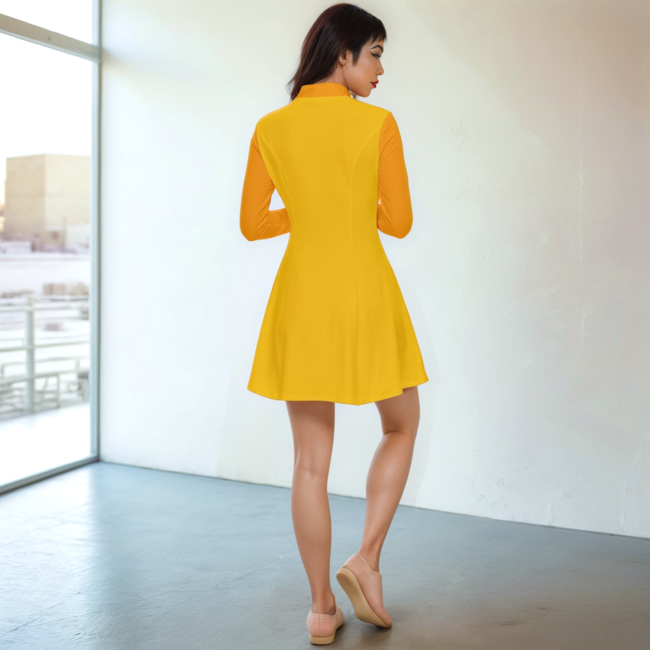 Munich Velour Color Block Long Sleeve Flare Dress