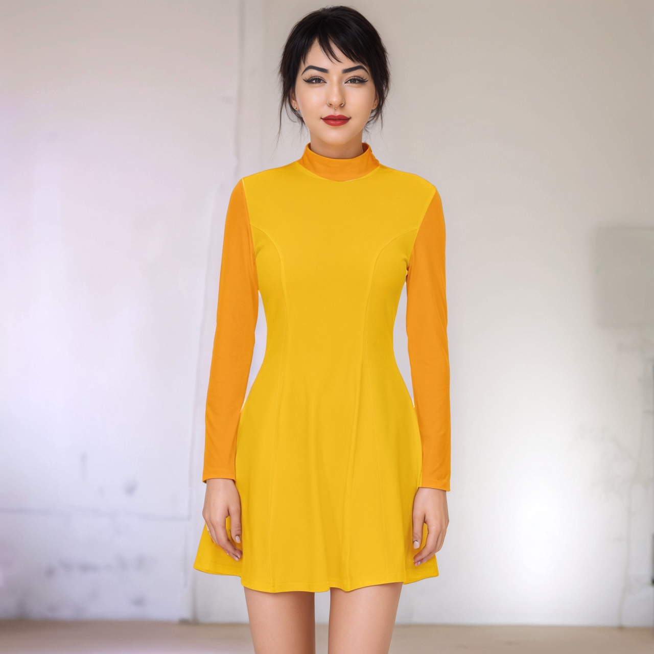 Retro-style mustard yellow velour mock neck dress with orange long sleeves and A-line silhouette, featuring princess seams and mini length - Airline Series by Blissfully Brand