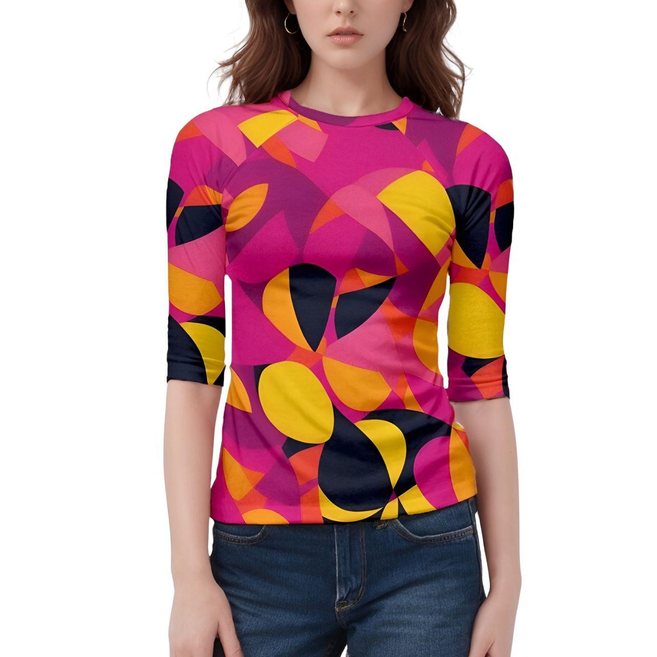 Women's vibrant multi-color abstract design raglan tee with three-quarter sleeves