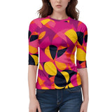 Women's vibrant multi-color abstract design raglan tee with three-quarter sleeves