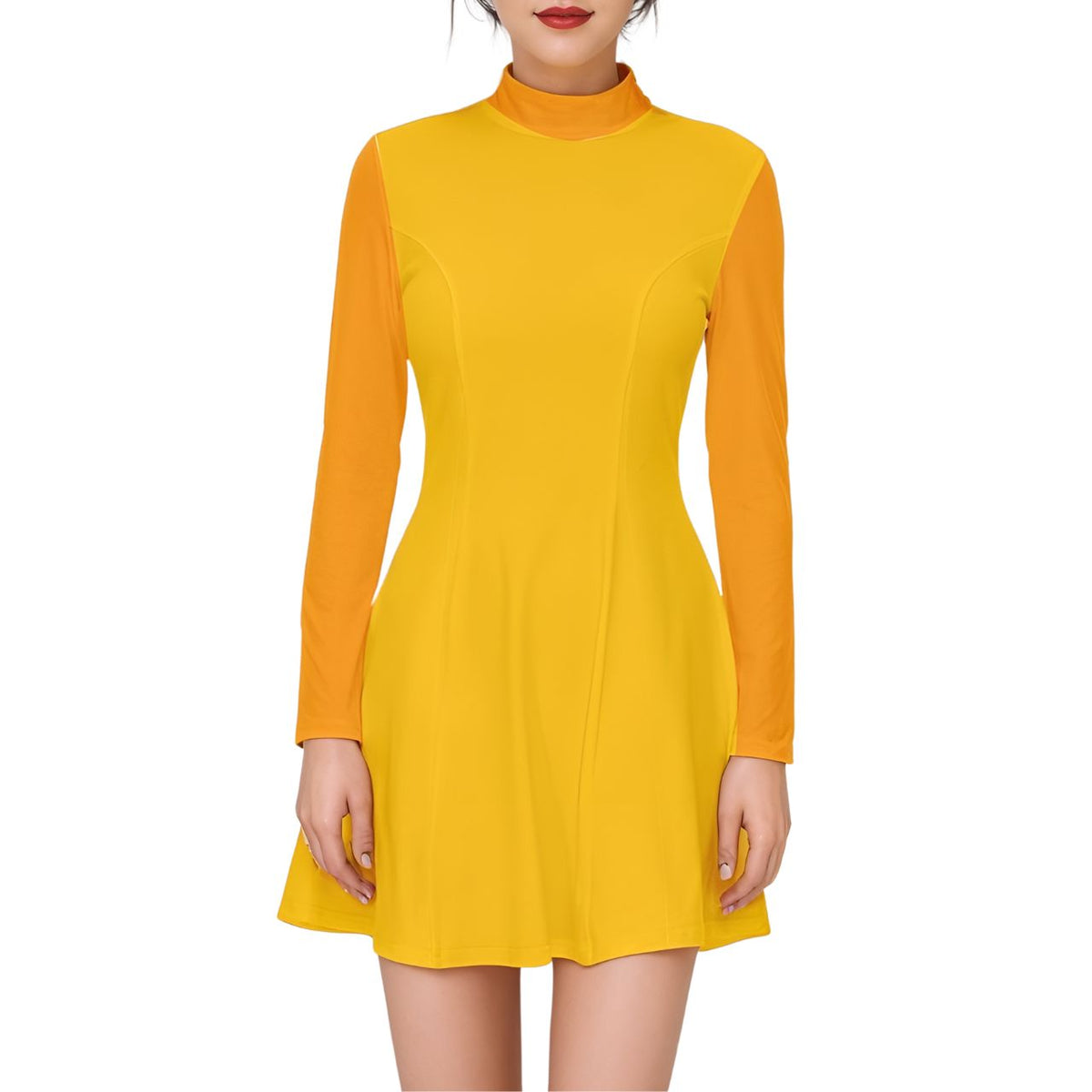 Vibrant Yellow A-line Velour Dress with Orange Long Sleeves - Retro Chic Color Block Mini - Airline Series by Blissfully Brand