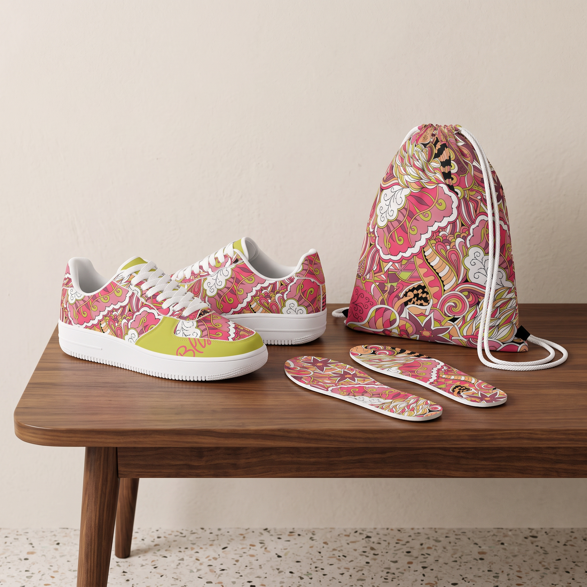 Nami Psychedelic print low top sneakers in Wattle Green with matching drawstring bag and print insoles, Blissfully Brand. 
