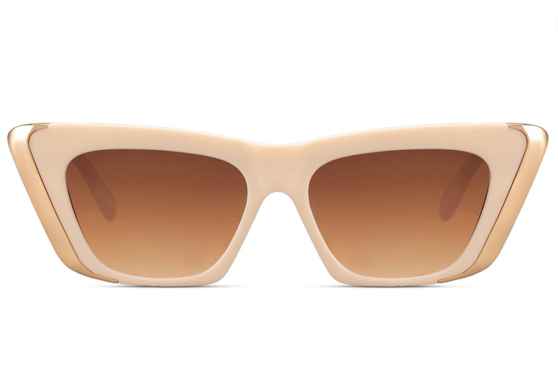 Nao Cat Eye Beige & Gold Sunglasses - Blissfully Brand - Futuristic Cyber Retro Funky Gold Trimming Thick