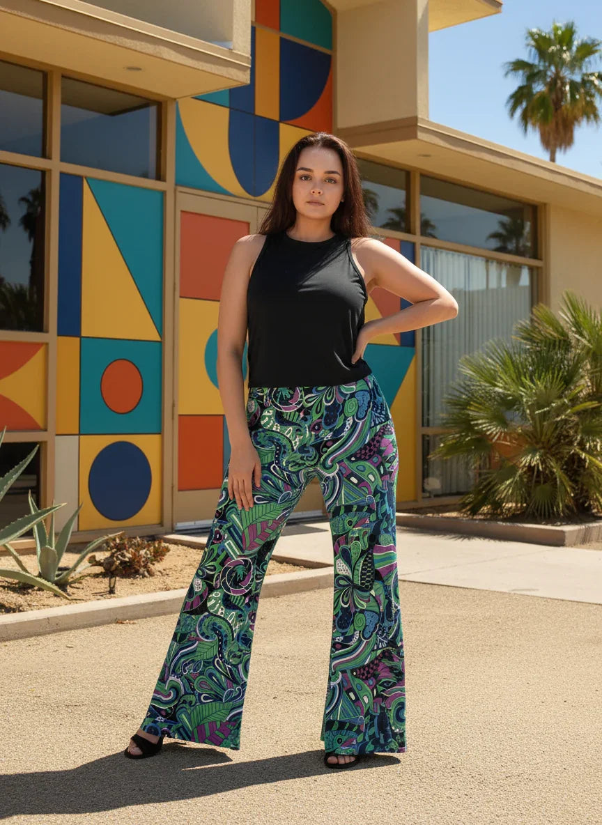 Nela Print Palazzo Pants in vibrant green, blue, and purple abstract patterns in a retro psychedelic vibe - 70's style swirls - wide leg trousers - Profonde by Blissfully Brand