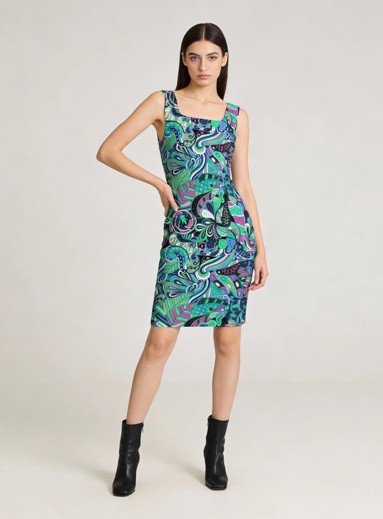 Nela sleeveless bodycon dress in psychedelic green blue purple paisley print, square neckline, form-fitting scuba knit -Above Knee - Profonde by Blissfully Brand