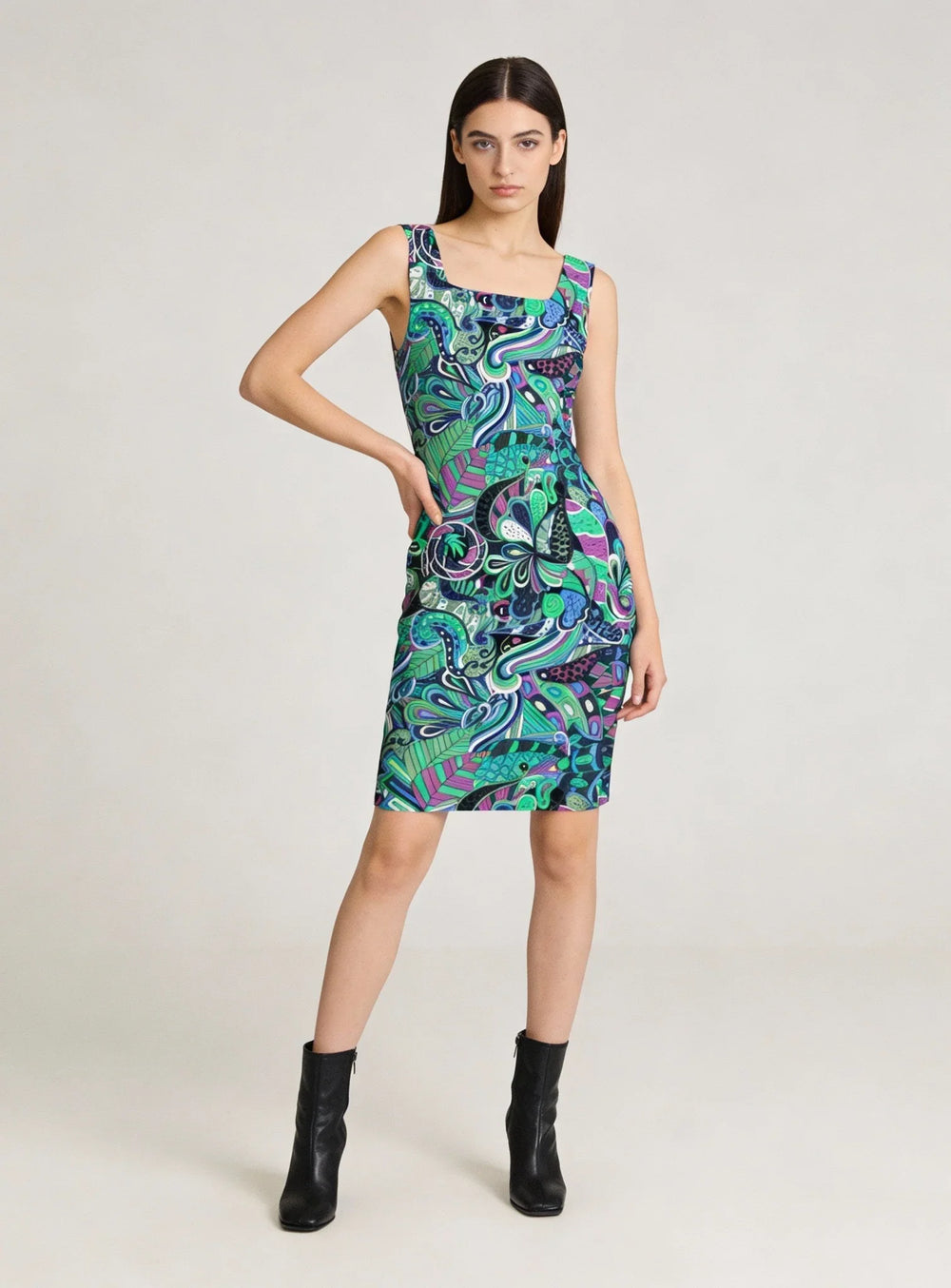Nela sleeveless bodycon dress in psychedelic green blue purple paisley print, square neckline, form-fitting scuba knit -Above Knee - Profonde by Blissfully Brand
