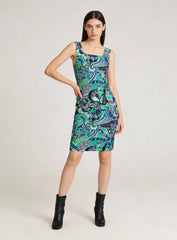 Nela sleeveless bodycon dress in psychedelic green blue purple paisley print, square neckline, form-fitting scuba knit -Above Knee - Profonde by Blissfully Brand