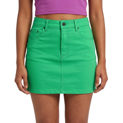 Nela Solid Series Spring Green Flexe Denim Mini Skirt with polished zip chain closure and black metal hardware, styled with Mulberry Violet crop top