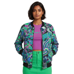Nela Retro Print Flexe Denim Bomber Jacket with Black ribbed cuffs and stretch denim, paired with Spring Green mini skirt and Mulberry Violet crop tee