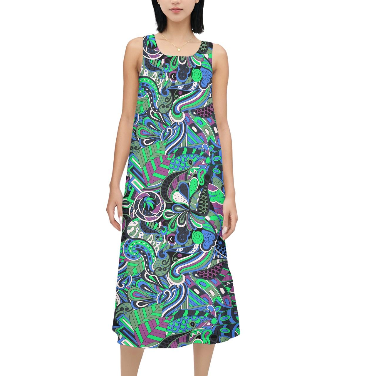 Nela Sleeveless Round Neck Casual Loose Maxi Dress Boho Psychedelic Geometric Print Retro Scales Blue Violet Green Bold Vibrant Blissfully Brand