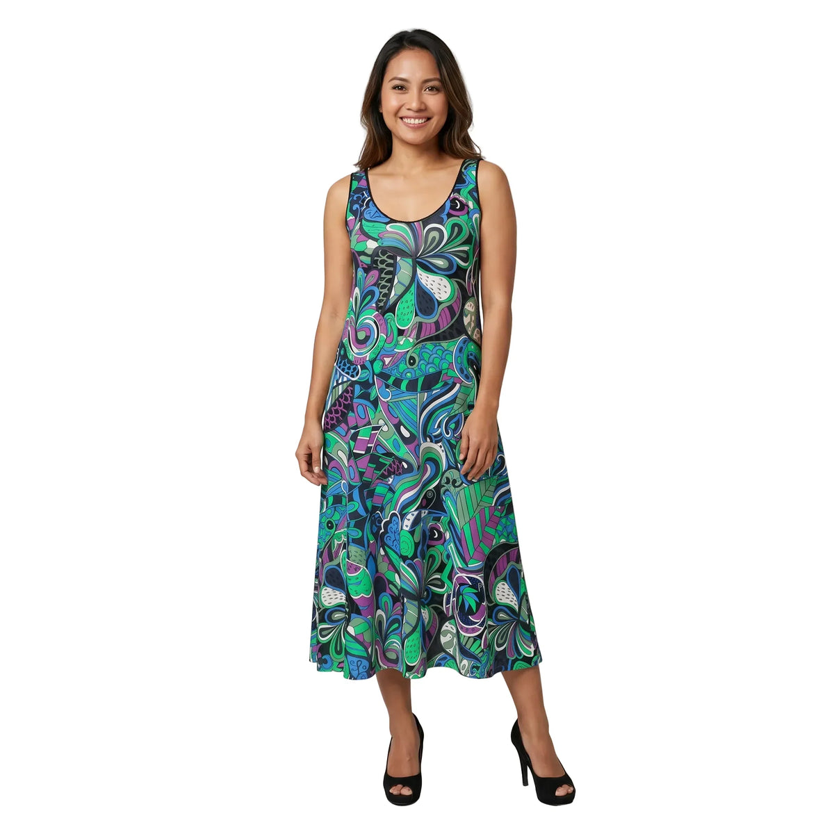 Nela Print Midi Tank Dress with low open back and black trim — vibrant Spring Green, Mulberry Violet and Outer Space Blue psychedelic print — London Bliss Collection, BlissfullyBrand.com