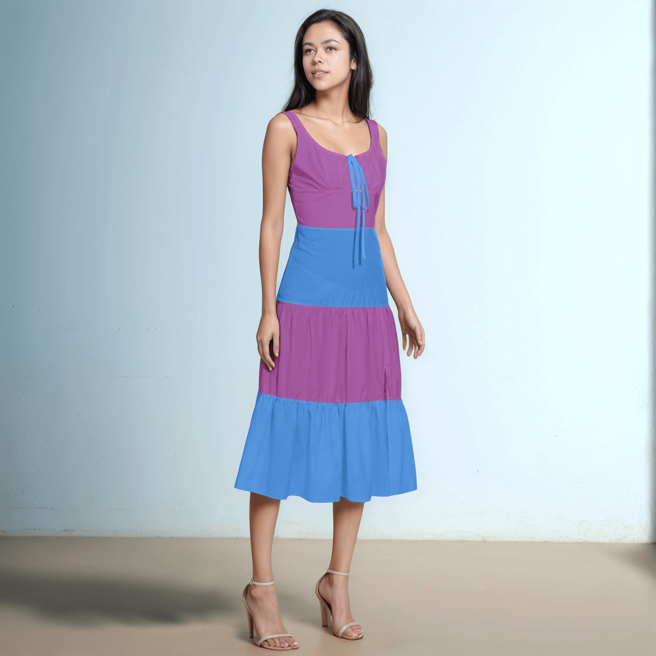 Nela Color Block Split End Corset Midi Dress