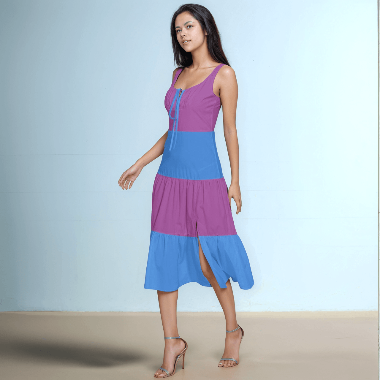 Nela Two Tone Color Block Midi Dress featuring a stylish combination of purple and blue with a tie-front neckline, split end tiered bottom, summer styles - Blissfully Brand