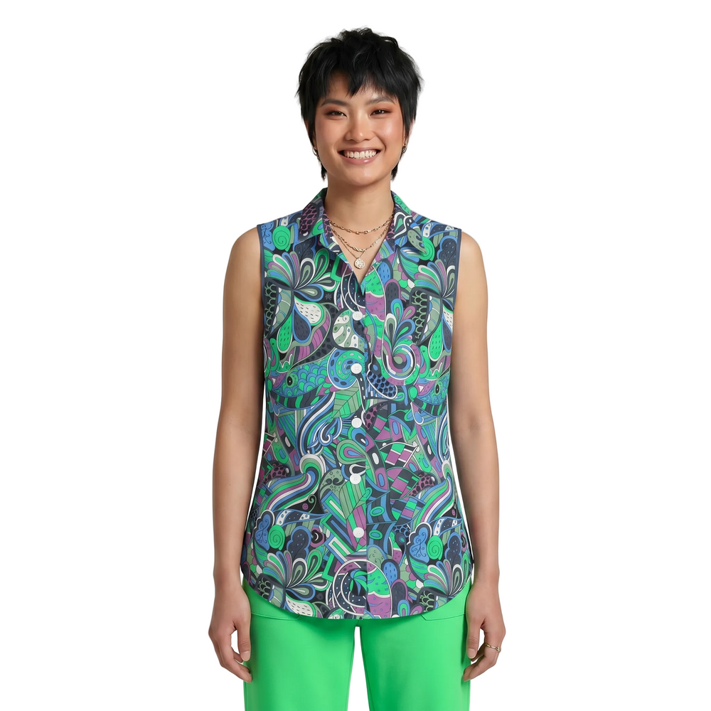 Blissfully Brand Nela Print Button Down Sleeveless Top in navy blue, emerald green, purple and cobalt psychedelic botanical print paired with Spring Green flared pants — London Bliss Collection, made to order