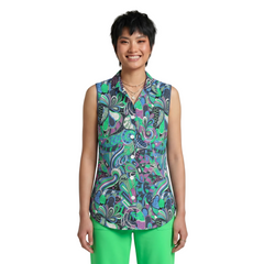 Blissfully Brand Nela Print Button Down Sleeveless Top in navy blue, emerald green, purple and cobalt psychedelic botanical print paired with Spring Green flared pants — London Bliss Collection, made to order