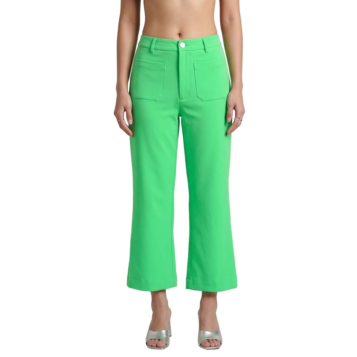 Woman wearing Nela Color Series Spring Green high-waist flared pants with Nela print sleeveless top — bold made-to-order fashion by Blissfully Brand