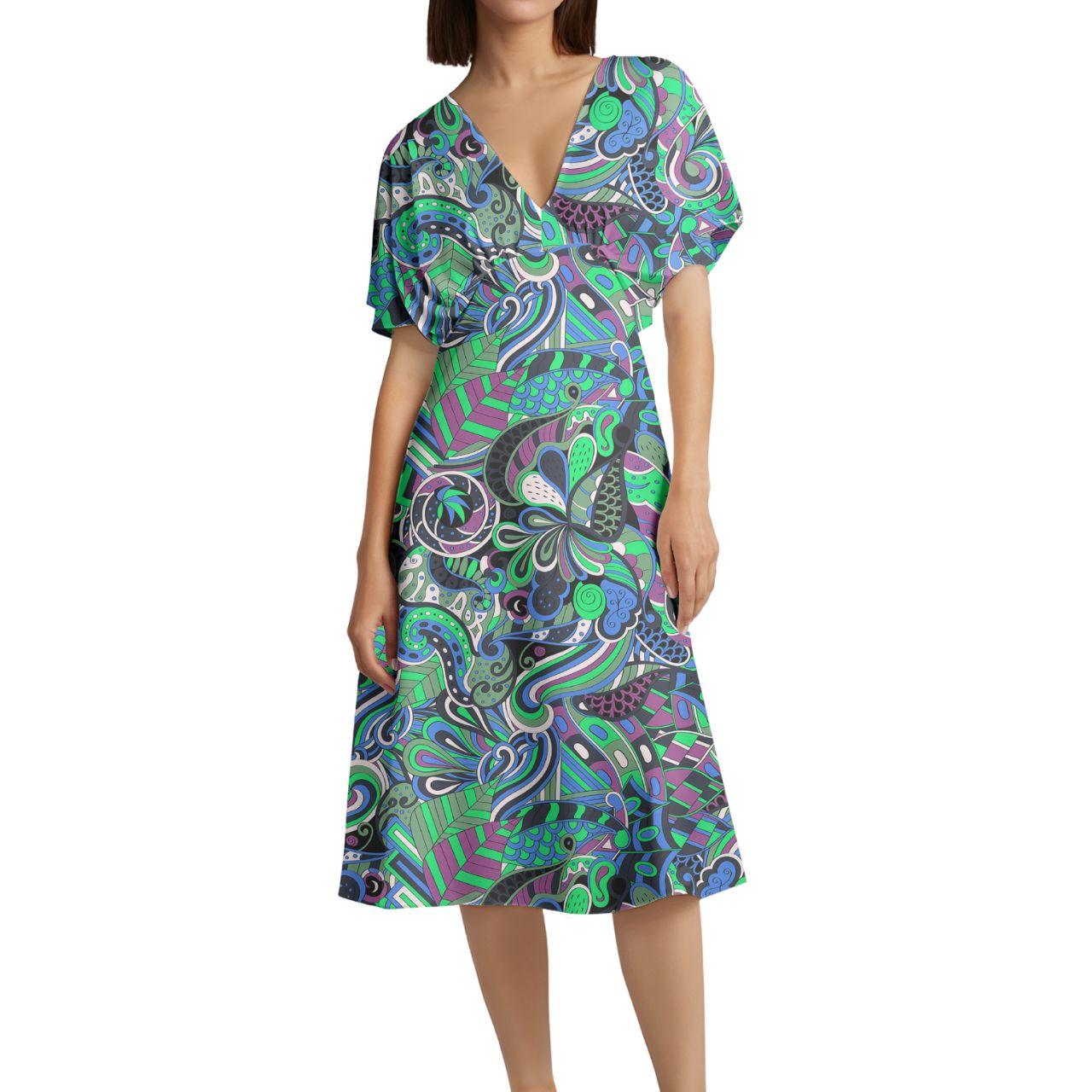 Nela Butterfly Sleeve Draped V-neck Midi Flowy Dress Boho Geometric Print Bold Vibrant Scales Blue Violet Green Retro Psychedelic Blissfully Brand