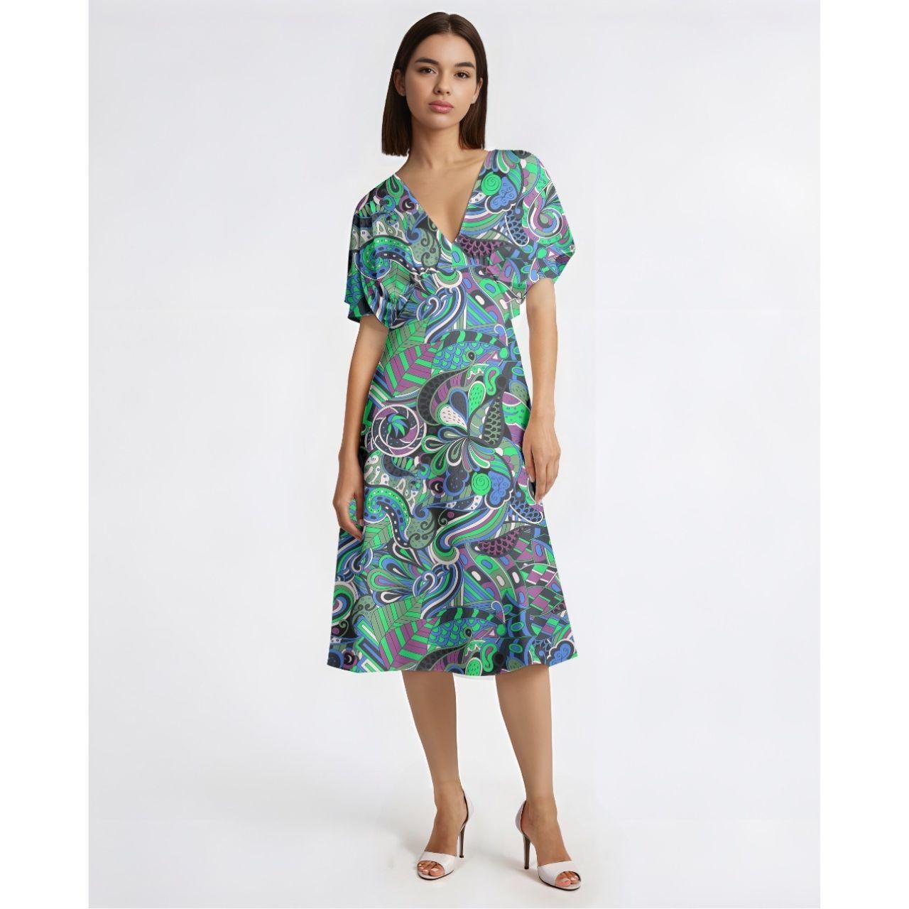 Nela Butterfly Sleeve Draped V-neck Flowy Midi Dress Boho Geometric Print Bold Vibrant Scales Blue Violet Green Retro Psychedelic Blissfully Brand