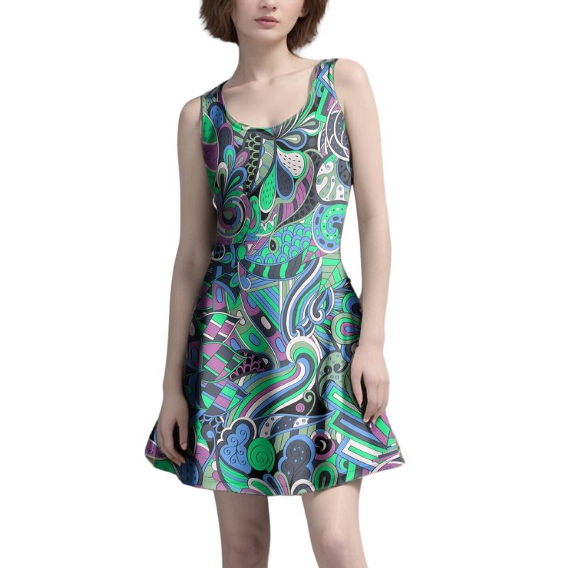 Nela skater dress with a psychedelic, retro-inspired print. The dress features swirling patterns in shades of teal, green, purple, and black - Mini - Blissfully Brand Made in England