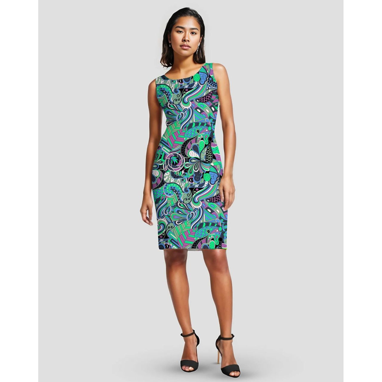 Nela sleeveless above knee-length cocktail sheath dress botanical psychedelic abstract floral paisley swirls retro Designer Print Violet Blue Green Round Neck Form fitted bodycon Blissfully Brand