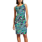 Nela sleeveless above knee-length cocktail sheath dress botanical psychedelic abstract floral paisley swirls retro Designer Print Violet Blue Green Round Neck Form fitted bodycon Blissfully Brand