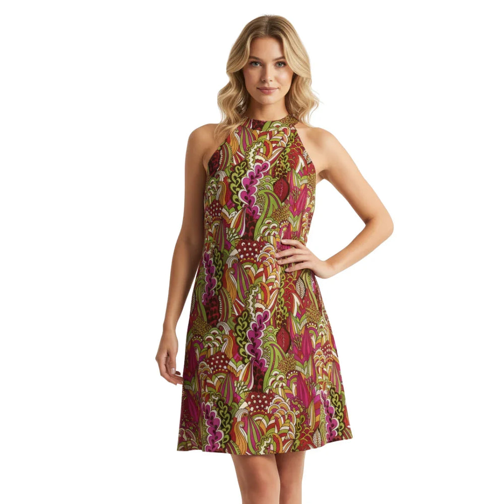 Onei Halter Flare Dress - Psychedelic Paisley Floral Print Retro Funky Bold Vibrant Cocktail Length Kaleidoscope Pink Red Green