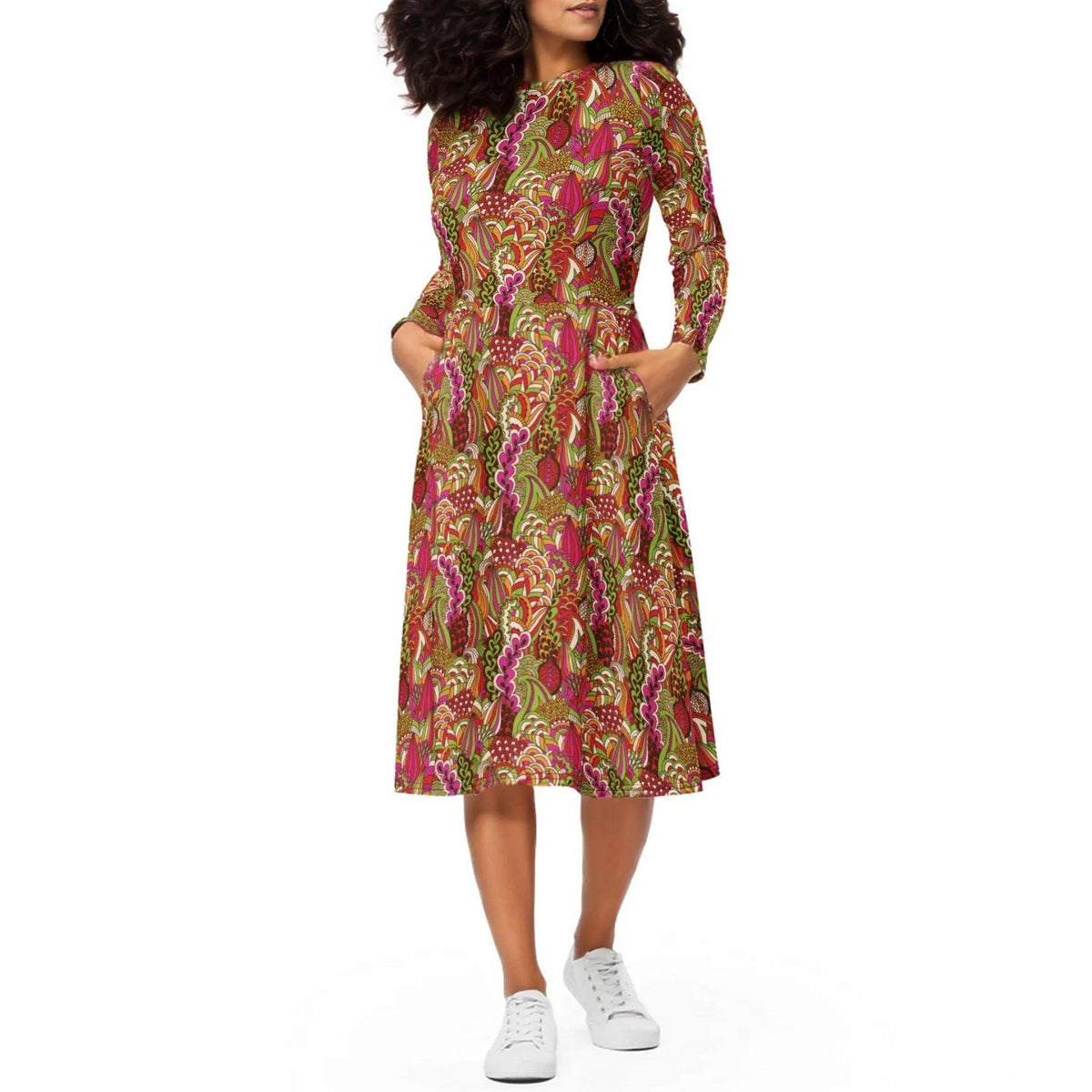 Onei Long Sleeve Fit & Flare Midi Dress - Psychedelic Floral Paisley Pockets Red Pink Green Retro Funky Bold Vibrant Multi-color Plus Sizes