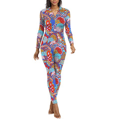 Full-length Opula print jumpsuit with long sleeves, collared V-neck, and a psychedelic bohemian pattern in blue, red, turquoise, and orange - Blissfully Brand
