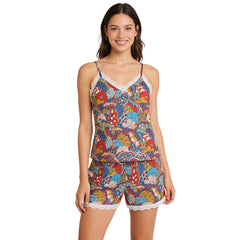 colorful Opula print cami and shorts loungewear set with white lace trim and adjustable straps - Retro Flower Power - Blissfully Brand