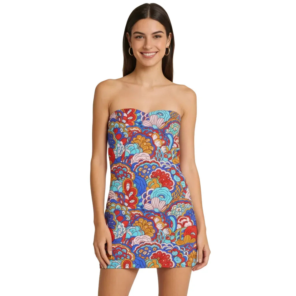 Psychedelic Print Strapless Mini Dress - Form Fitting Bandeau Dress | Blissfully Brand